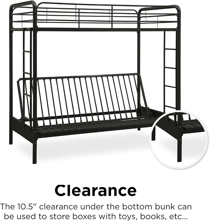 DHP Twin-Over-Futon Convertible Couch and Bed with Metal Frame, Ladder and Guardrails - Black