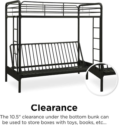 DHP Twin-Over-Futon Convertible Couch and Bed with Metal Frame, Ladder and Guardrails - Black