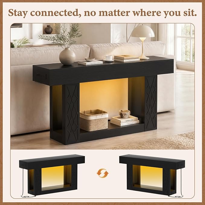 Unikito 63" Console Table with Outlets & LED Lights, Farmhouse Entryway Table with Unique Lattice Geometric Pattern, Sofa Table Behind Couch with 2-Tier Storage for Living Room, Hallway, Foyer, Black