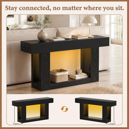 Unikito 63" Console Table with Outlets & LED Lights, Farmhouse Entryway Table with Unique Lattice Geometric Pattern, Sofa Table Behind Couch with 2-Tier Storage for Living Room, Hallway, Foyer, Black