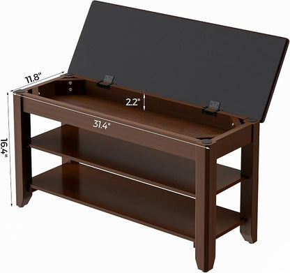 Homleke 2-Tier Solid Wood Shoe Rack Bench with Flip-Top Storage | Entryway Bench with Cushion, Adjustable Shelf, Holds Up to 8 Pairs, for Hallway, Bedroom and Closet, Walnut, 31.5 Inch