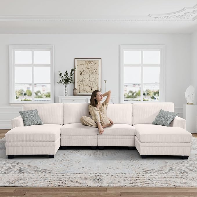 Legend Vansen Oversized Modular Sectional Sofa,6 Seat U Shaped Couch with Ottoman,Corduroy Sofa with Deep Seat,Convertible Large Sectional Couches for Living Room(Cream, U-6)