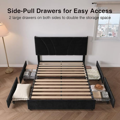 Novilla Full Size Bed Frame with Headboard, Full Size Bed Frame with Drawers, Full Bed Frame with LED Lights, Charging Station and Adjustable Headboard, No Box Spring Needed, Black Velvet