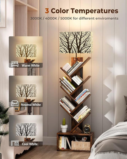 Evermagin Tree Bookshelf with Light, 6 Tier Small Bookcase, Narrow Floor Standing Book Tower Organizer with Storage Cabinet for Living Room, Bedroom and Home Office, Rustic Brown