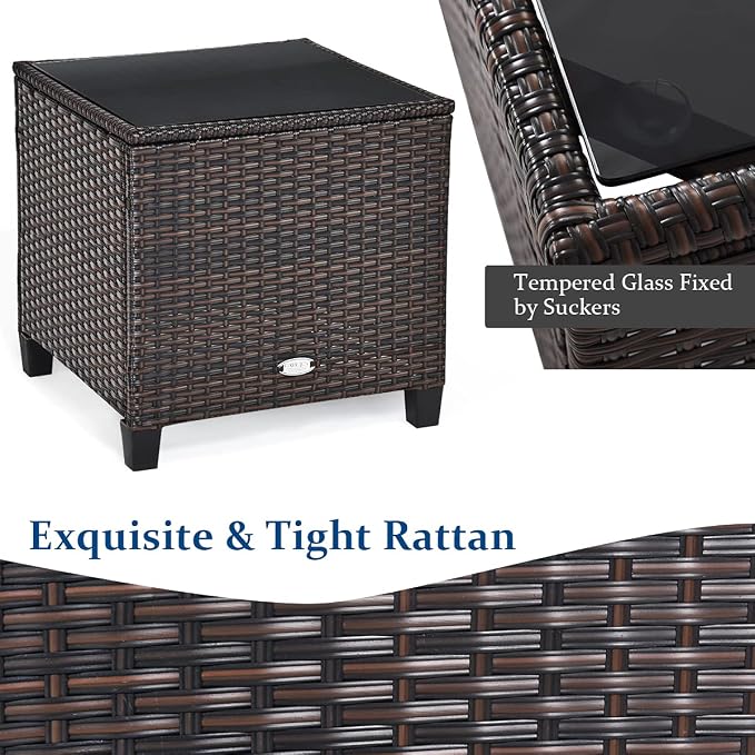 COSTWAY 3PCS Patio Furniture Set, PE Rattan Wicker Sofa w/Washable Cushion and Coffee Table, Tempered Glass Tabletop, Outdoor Conversation Set for Balcony, Porch, Yard, Backyard, Lawn, Black