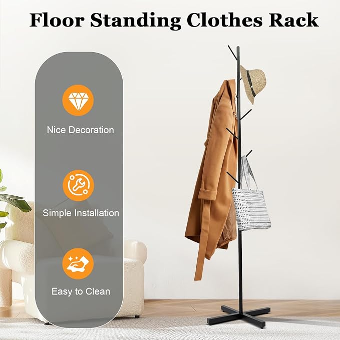 Modern Hall Tree,Floor Standing Coat Rack with 7 Hooks,Entryway Coats Stand for Hallway,Bedroom,Living Room,Office,Black