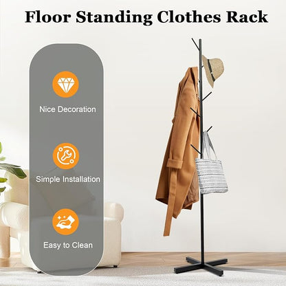 Modern Hall Tree,Floor Standing Coat Rack with 7 Hooks,Entryway Coats Stand for Hallway,Bedroom,Living Room,Office,Black