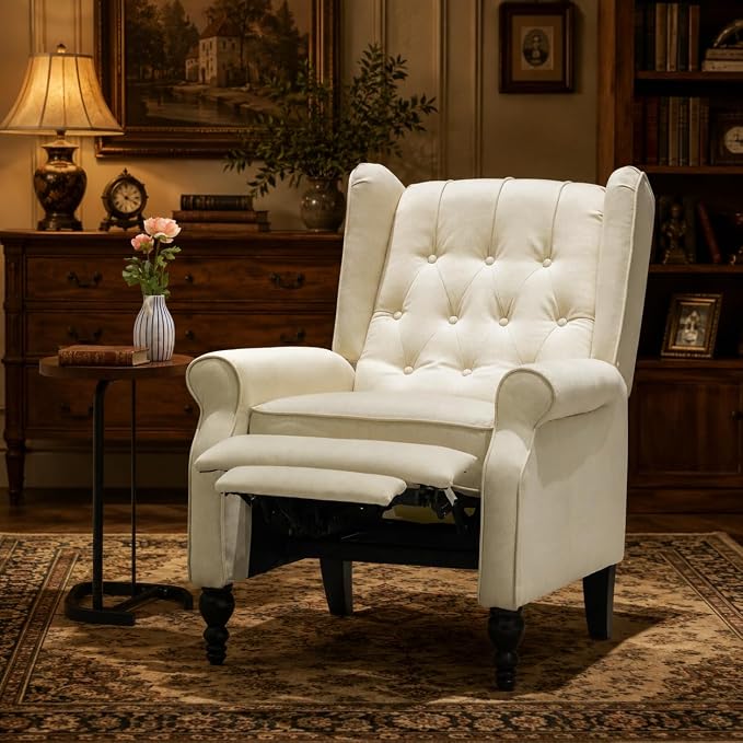 Mid Century Wingback Recliner Chair for Adults, Modern Linen Fabric Push Back Recliner Chairs with Button Tufted Upholstered Back & Footrest, Manual Recliner Chais for Living Room, Nursery, Beige