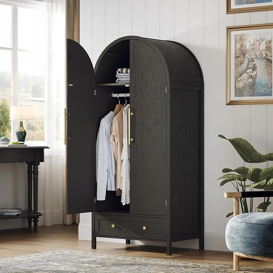 VINGLI Arched Wardrobe Closet Armoire with Doors and Drawer, Bedroom Armoires Black Wardrobe Cabinet Closet,19.7" D x 31.5" W x 69.7" H