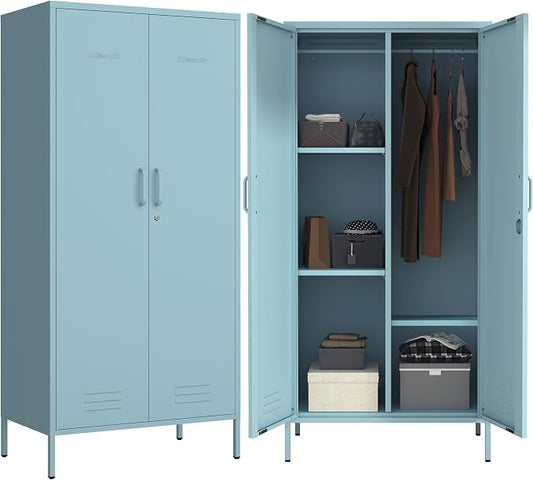 Industrial 67" Blue Lockable Metal 2-Door Storage Cabinet, Multi-Purpose Wardrobe with Hanging Rod & Adjustable Shelves, Heavy Duty for Bedroom, Garage, Home Office 67" H X 31.5" W X 18.1" D