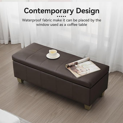WUTUTUEE 41" Faux Leather Storage Ottoman, Stitch Tufted Rectangle Upholstered End of Bed Storage Bench, Entryway Large Couch Ottoman with Wooden Legs,Brown