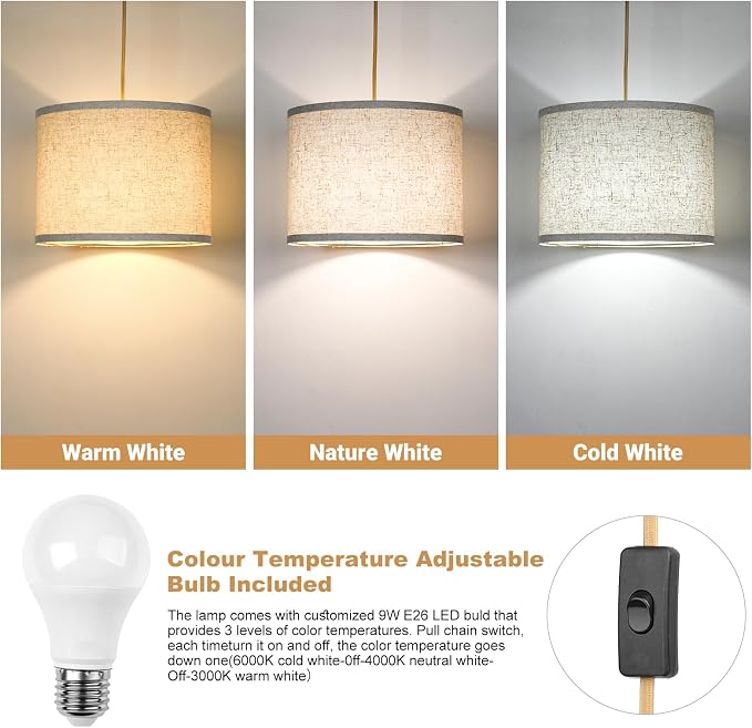 Qingmiao Boho Plug in Pendant Light, Hanging Lamp Plug in with LED Bulb, 3-Way Dimmable Hanging Light Fixture for Living Room Bedroom Kitchen Ceiling Farmhouse Home Decor