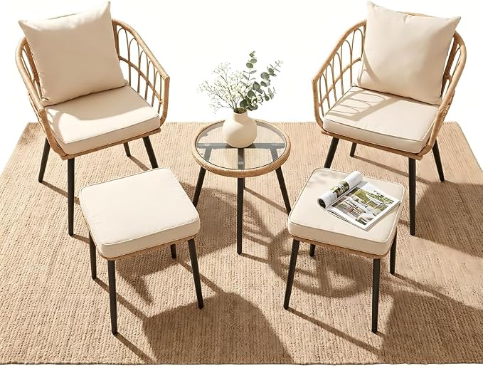 5 Piece Patio Furniture Set, Outdoor Wicker Small Conversation Bistro Set, All-Weather PE Rattan Chairs with Ottoman & Coffee Table, Ideal for Balcony Porch Deck Yard Poolside