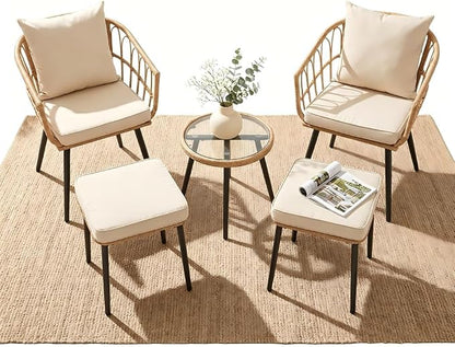 5 Piece Patio Furniture Set, Outdoor Wicker Small Conversation Bistro Set, All-Weather PE Rattan Chairs with Ottoman & Coffee Table, Ideal for Balcony Porch Deck Yard Poolside