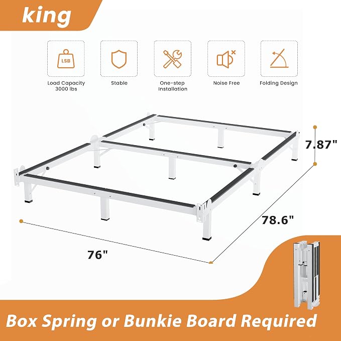 MAF Metal Bed Frame King, 9-Legs Support Bed Base, 8 Inches King Bed Frame for Box Spring and Mattress, Basics Bed Frame Headboard Attachable Tool-Free Easy Assembly, White