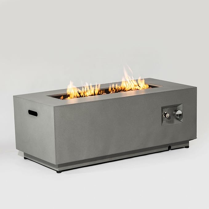 42" Propane Gas Fire Pit Table, 50000 BTU Rectangular Outdoor Fire Pit with Glass Wind Guard, Steel Patio Fire Table with Lid, Lava Rocks & Rain Cover for Backyard Deck Garden, Gray
