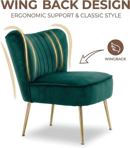 DUOMAY Modern Accent Chair Set of 2 Velvet Slipper Chair with Gold Legs Wingback Side Chair for Living Room Bedroom Entryway Small Corner Chair for Space Saving, Green