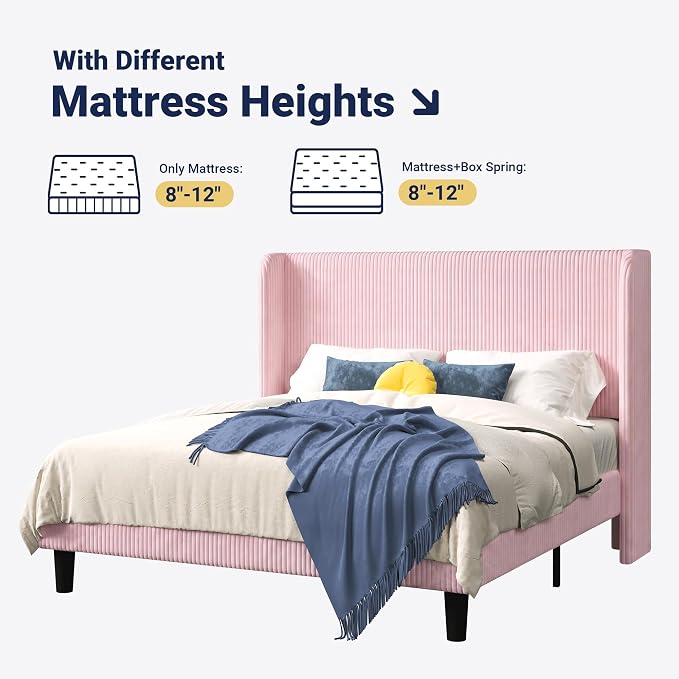 Allewie Full Size Bed Frame with Upholstered Wingback Headboard, Vertical Channel Tufted Corduroy Velvet Platform Bed, Strong Wooden Slats Support, No Box Spring Needed, Easy Assembly, Light Pink