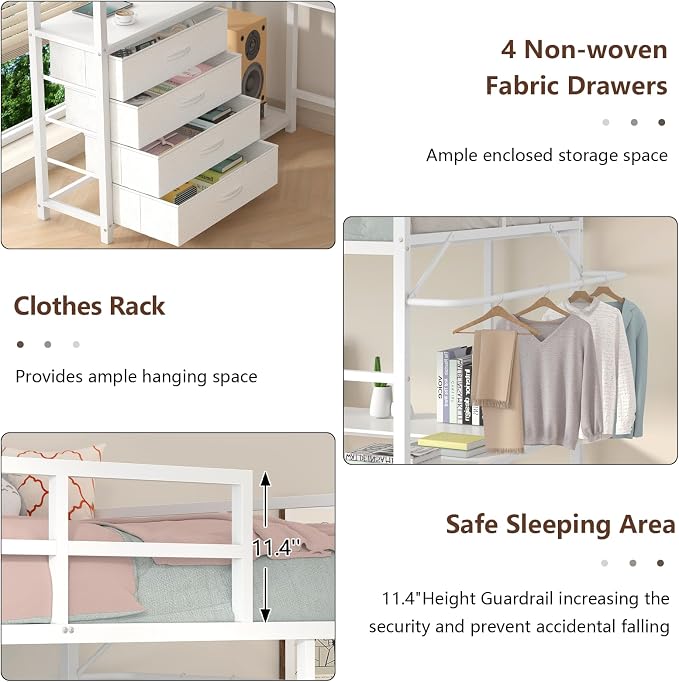 Loft Bed Twin Size with U-Shaped Desk, Metal Twin Loft Bed Frame with Storage Upholstered Headboard & LED Lights, Bunk Loft Beds with Power Outlet, Loft Beds with 4 Storage Drawers, Guard & Ladder