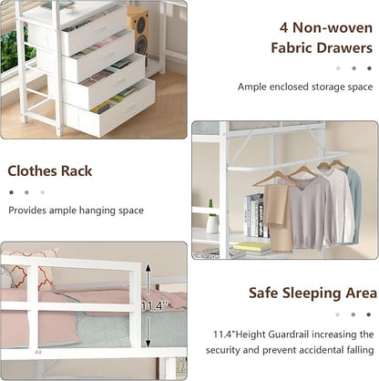 Loft Bed Twin Size with U-Shaped Desk, Metal Twin Loft Bed Frame with Storage Upholstered Headboard & LED Lights, Bunk Loft Beds with Power Outlet, Loft Beds with 4 Storage Drawers, Guard & Ladder