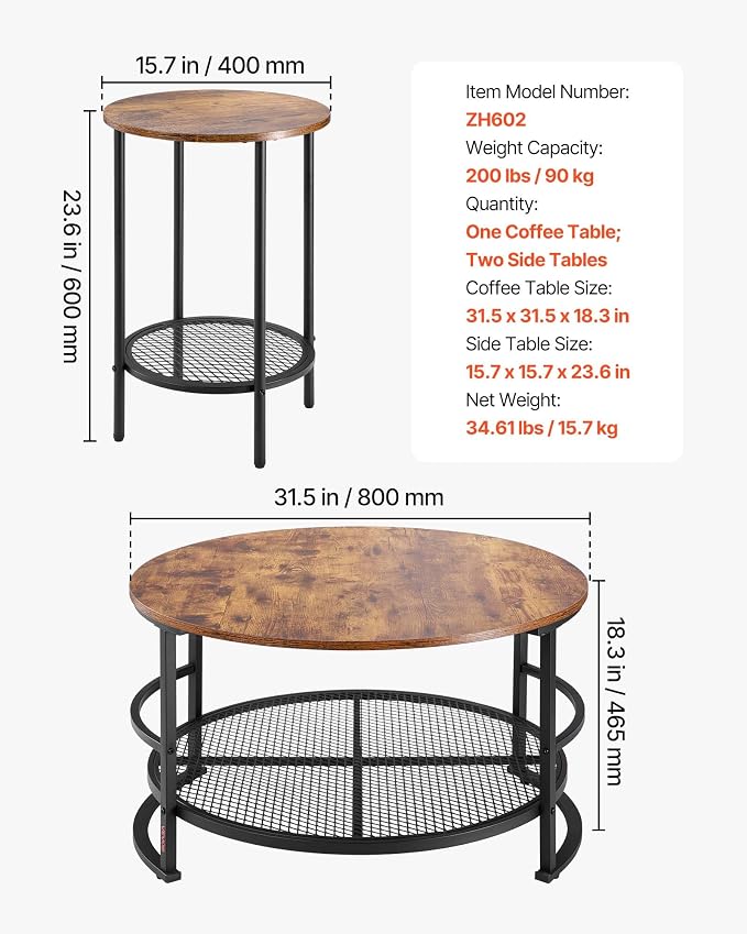VEVOR 3 Pieces Round Coffee Table Sets, 31.5 in Industrial Living Room Table with 2 End Side Tables, Easy Assembly Coffee and End Tables Sets with Metal Legs, for Office, Living Room and Apartment
