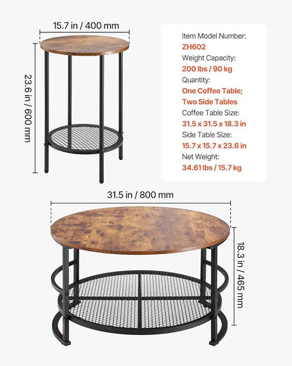 VEVOR 3 Pieces Round Coffee Table Sets, 31.5 in Industrial Living Room Table with 2 End Side Tables, Easy Assembly Coffee and End Tables Sets with Metal Legs, for Office, Living Room and Apartment