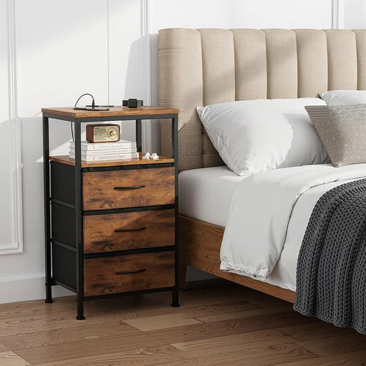 DUMOS Nightstand with Charging Station, Bedside End Table with 3 Fabric Drawers & USB/Type-C Ports and Outlets, Night Stand for Bedroom Furniture, Adjustable Feet and Variable Light Strip, Rust