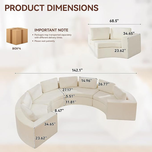 WUTUTUEE 142'' Curved Round Boneless Couch, Oversized Half Moon Sofa with Deep Seat & Arms, Chenille Modular Sectional Sofa with Pillows, Upholstered Comfy 8 Seat Couch for Living Room, White