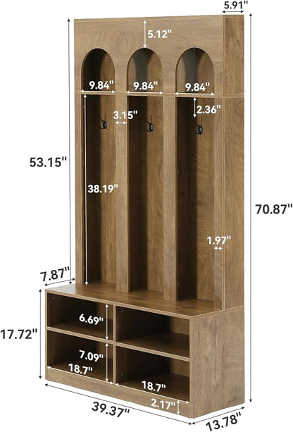 LITTLE TREE Hall Tree, 70" Entryway Bench with Coat Rack and Shoe Storage | 6 Double Hooks, Mudroom Bench with Storage and Hooks, Entryway Storage Furniture, Farmhouse Hall Tree, Hallway Tree, Brown