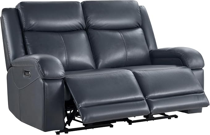Watson & Whitely Genuine Leather Power Loveseat Recliner Sofa, 2 Seat Wall Hugger Reclining Sofa with Power Headrest & Charging Ports, Dual Recliner Sofas for Living Room, RV, Navy Blue