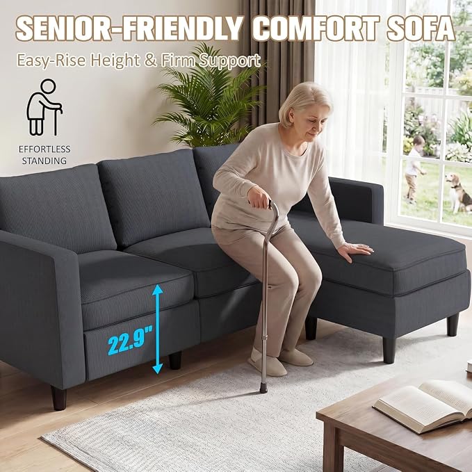 JAMFLY 3-Seat Reversible Sectional Sofa with Convertible Ottoman, Modern Ribbed Fabric L-Shaped Couch for Living Room, Small Apartment & Office, Easy Tool-Free Assembly, Grey
