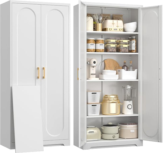 UNICOLY 71" Kitchen Pantry Cabinet, Pantry Storage Cabinet with Doors and 4 Shelves, Metal Storage Cabinets for Laundry Room, Living Room, Dinning Room, Assembly Required, White