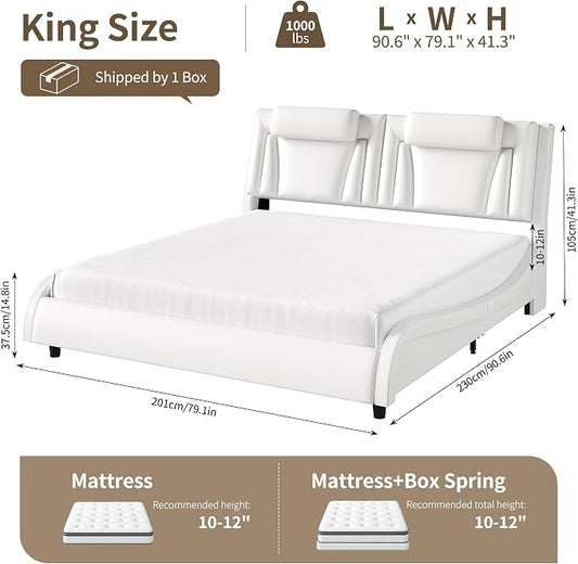 Keyluv King Size LED Bed Frame with Adjustable Headboard & Wave-Like Curve Safety Design, PU Leather Upholstered Platform Bed, Solid Wooden Slats Support, Easy Assembly, White