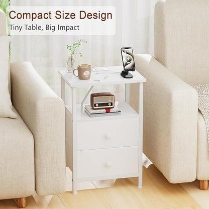 LOAKEKEL Night Stand, Nightstand with Charging Station, Slim Industrial Bedside Table with 2 Fabric Drawers, Small End Table with USB & Type-C Ports for Bedroom, White, HETS020WT-1