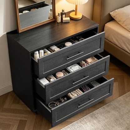 Fatmok 31.5" Wide 3 Drawer Nightstand Set of 2, Oversized Wooden Bedside Table with Storage, Modern Bedroom Side Table Cabinet, Large Night Stand with Drawers,Black Grey