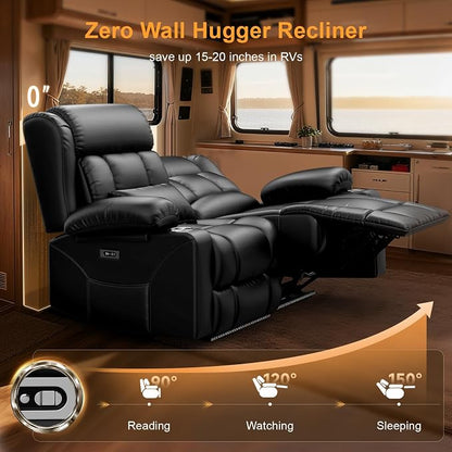 Power RV Loveseat Recliner Sofa, Electric Reclining Loveseat RV Couch with USB & Type-C Ports, Zero Wall Hugger RV Furniture with Storage & LED Light for Travel Trailers Home Theater Seating