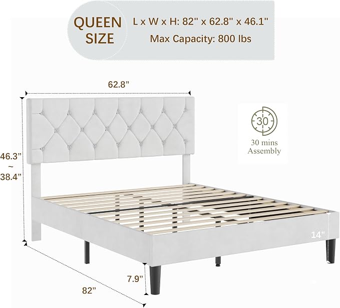 VECELO Queen Size Bed Frame with Diamond Tufted Headboard, Upholstered Platform Bedframe with Wood Slat Support, No Box Spring Needed, Velvet & White