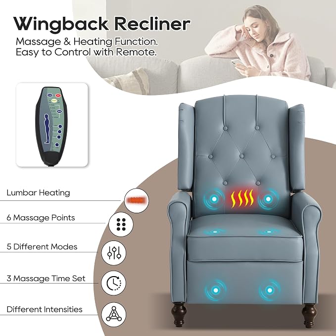Wingback Recliner Chair with Massage and Heat, Tufted PU Leather Push Back Arm Chair for Living Room Vintage Recliner Chair with Remote Control, Padded Cushion, Backrest (Blue-PU)