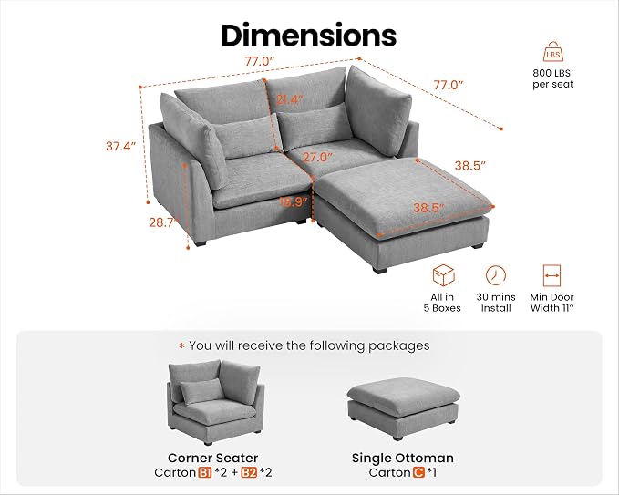 77" Oversized Chenille Couch Modular Sectional Sofa, Washable Cloud Couch Sectional with Ottoman, 3 Seater Sectional Couches for Living Room, Fully Cover Removable, L Shaped, Chenille, Grey