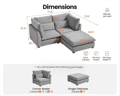 77" Oversized Chenille Couch Modular Sectional Sofa, Washable Cloud Couch Sectional with Ottoman, 3 Seater Sectional Couches for Living Room, Fully Cover Removable, L Shaped, Chenille, Grey