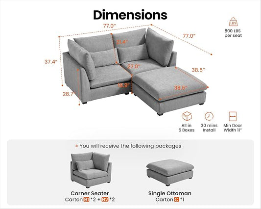 77" Oversized Chenille Couch Modular Sectional Sofa, Washable Cloud Couch Sectional with Ottoman, 3 Seater Sectional Couches for Living Room, Fully Cover Removable, L Shaped, Chenille, Grey