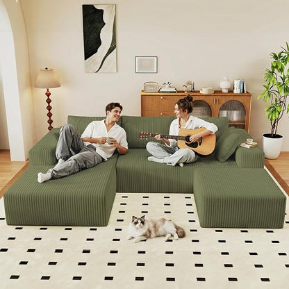 95" Cloud Sectional Couch U-Shaped Chaise with Ottoman, Corduroy Boneless Couch for Living Room Bedroom, Deep-Seat Upholstered Modular Cloud Sofa, No Assembly Required (Green, Left Facing Chaise)