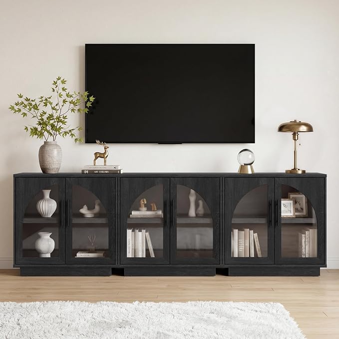 Fatmok Arched Glass Sideboard Buffet Accent Cabinet, 31.5" Display Credenza with Adjustable Shelf,3-Piece Modular Coffee Station Storage for Kitchen Living Room Bedroom, Black Grey