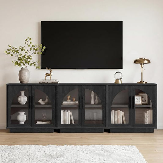 Fatmok Arched Glass Sideboard Buffet Accent Cabinet, 31.5" Display Credenza with Adjustable Shelf,3-Piece Modular Coffee Station Storage for Kitchen Living Room Bedroom, Black Grey