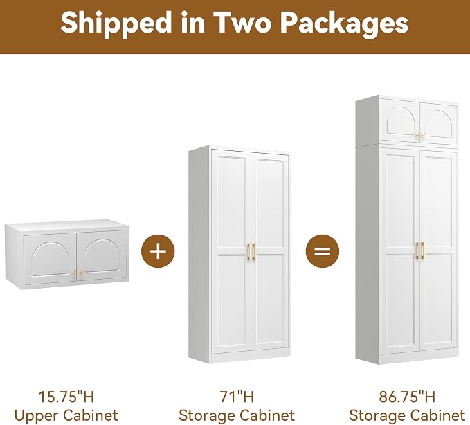 Polup Kitchen Pantry Cabinet, 86 Inch Tall Metal Storage Cabinet, Food Pantry cabinets with Doors and Shelves, White Storage Cabinets for Living, Dining, Office, Bathroom, Garage, Assembly Required