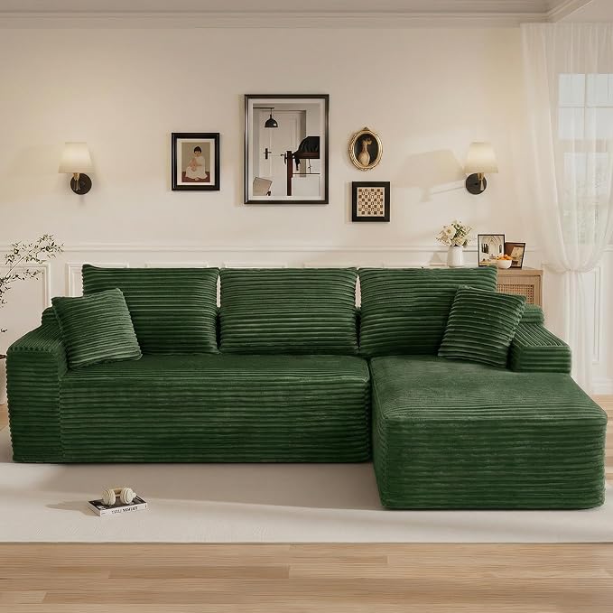 108" L Shaped Cloud Boneless Sectional Couches for Living Room, Modern Comfy Modular Deep Seat Memory Foam Compressed Corduroy Sofa Oversized Right Facing Chaise, No Assembly Required, Green