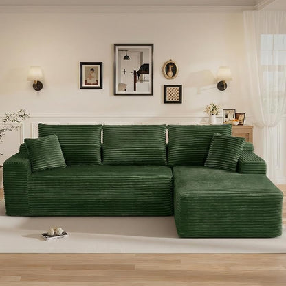 108" L Shaped Cloud Boneless Sectional Couches for Living Room, Modern Comfy Modular Deep Seat Memory Foam Compressed Corduroy Sofa Oversized Right Facing Chaise, No Assembly Required, Green