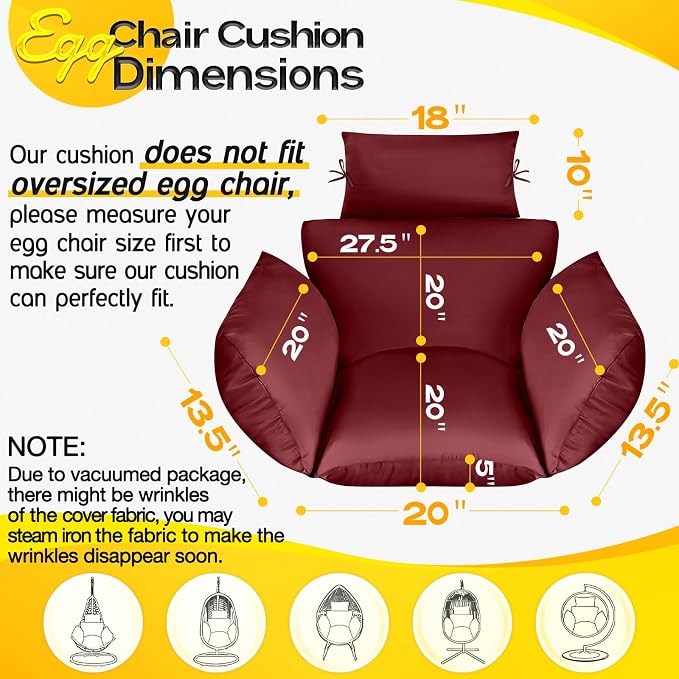 MAGIC ELEPHANT Egg Chair Cushion, Memory Foam Indoor Outdoor Hanging Egg Chair Cushion Replacement, Patio Basket Swing Cushion with Headrest (Red)