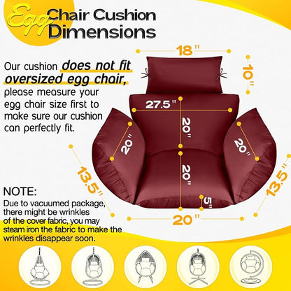 MAGIC ELEPHANT Egg Chair Cushion, Memory Foam Indoor Outdoor Hanging Egg Chair Cushion Replacement, Patio Basket Swing Cushion with Headrest (Red)