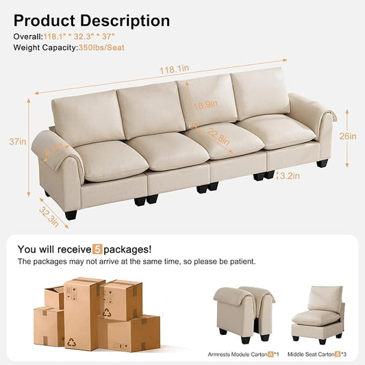 118" Faux Leather Modular Sectional Upholstered Sofa, Oversized 4 Seater Couch with Curved Armrests, Cloud Modern Upholstered Deep Seat Sofa for Living Room, Beige